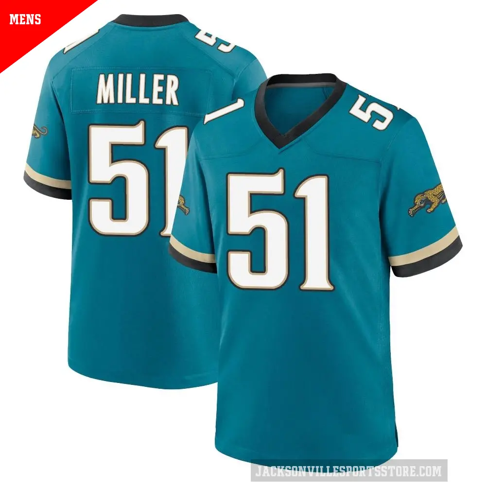 Men's Jacksonville Jaguars ＃51 Ventrell Miller Teal Game Prowler Throwback Jersey