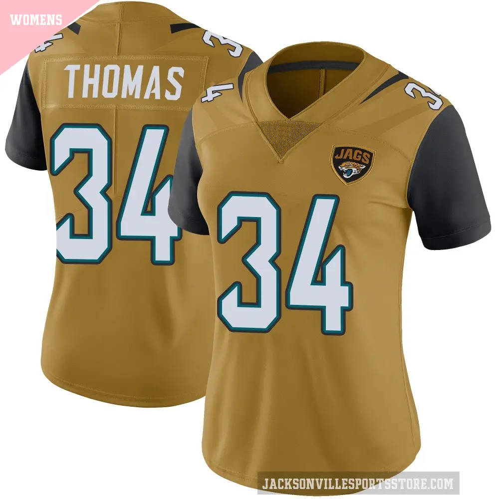 Women's Jacksonville Jaguars ＃34 Trevian Thomas Gold Limited Color Rush Vapor Untouchable Jersey