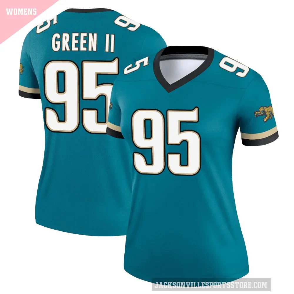 Women's Jacksonville Jaguars ＃95 B.J. Green II Teal Legend Prowler Throwback Jersey